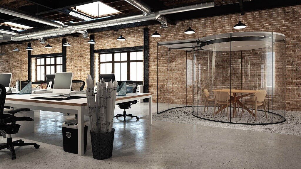 A workspace with an area for host desking and technology and a private office space