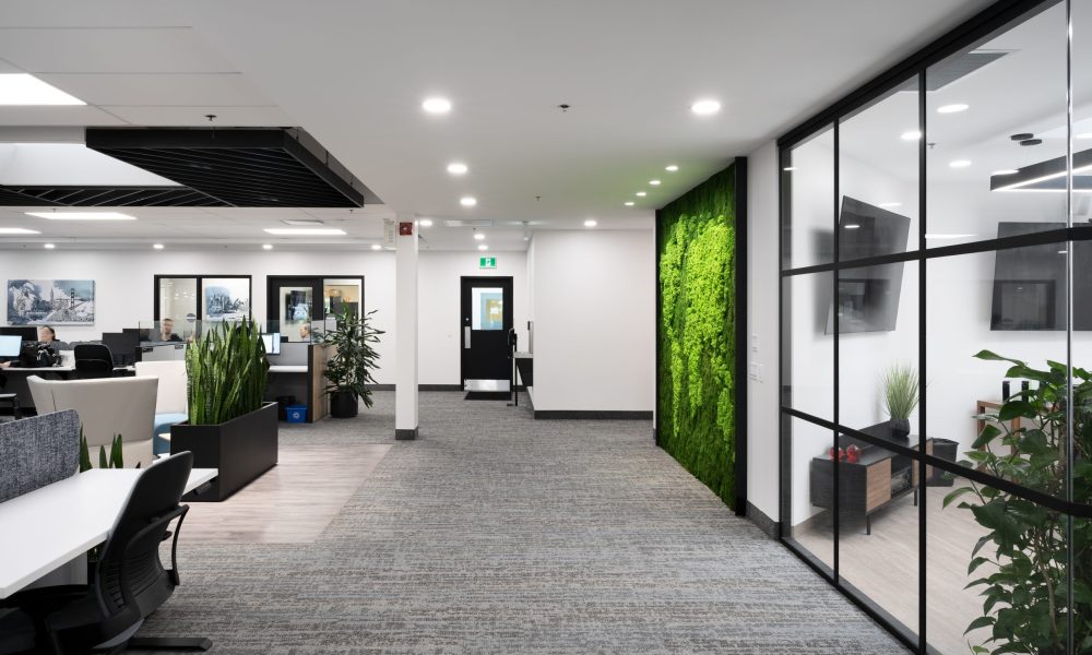 WDI – Lenbrook Project bright, open office layout with a living wall